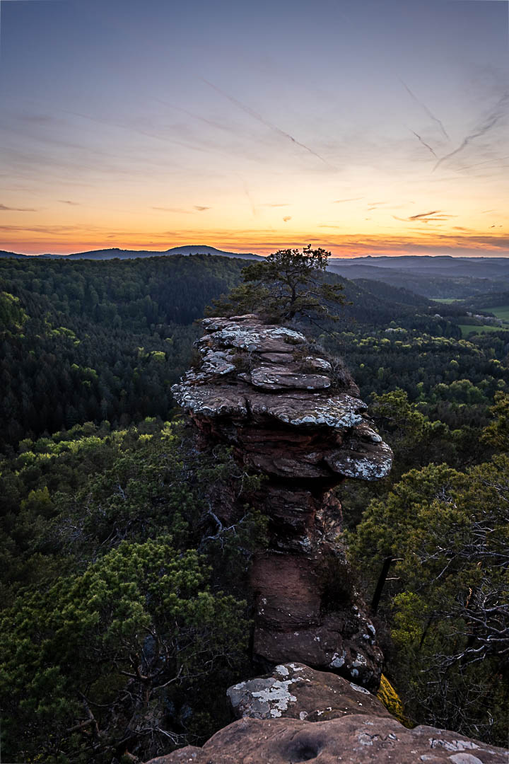 Sonnenuntergang am Buchkammerfelsen. Der rote Sandstein inmitten der Wälder mit frischem Grün