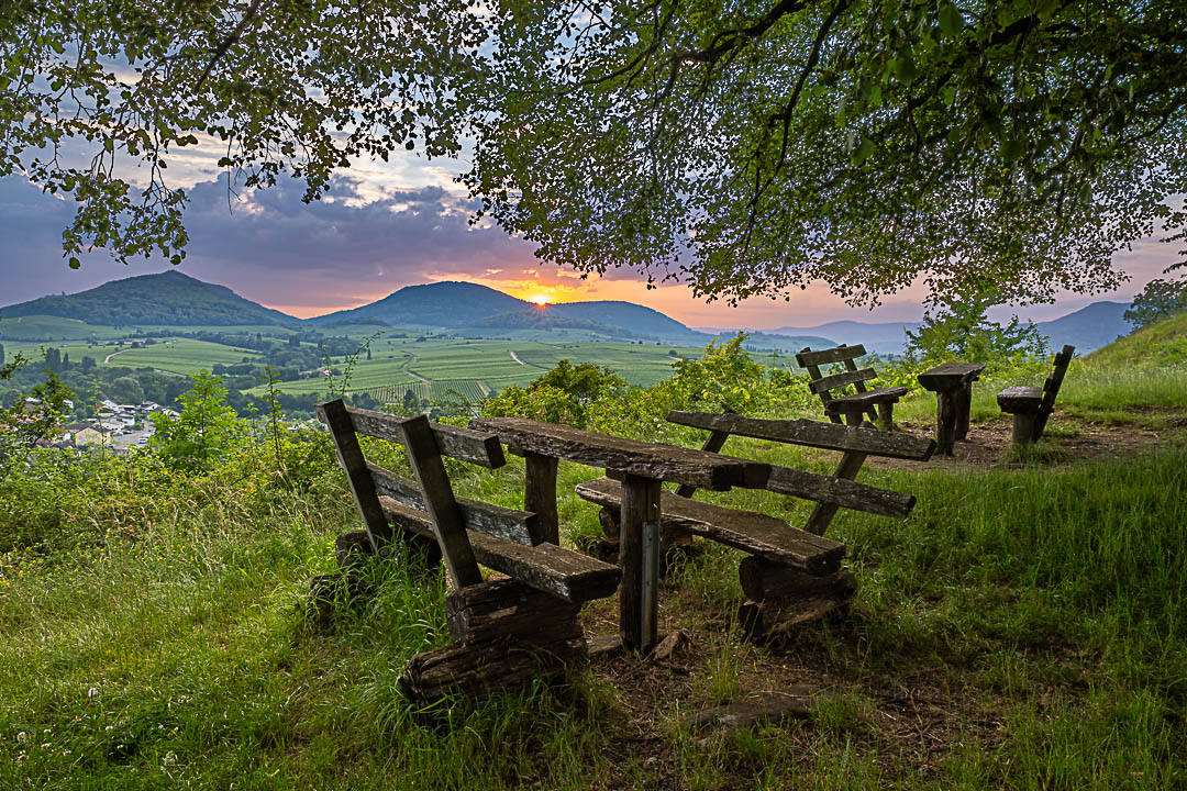 Sommerabend auf der kleinen Kalmit mit Sitzgelegenheiten in Richtung Pfälzerwald und Haardt mit Wald und Weinbergen
