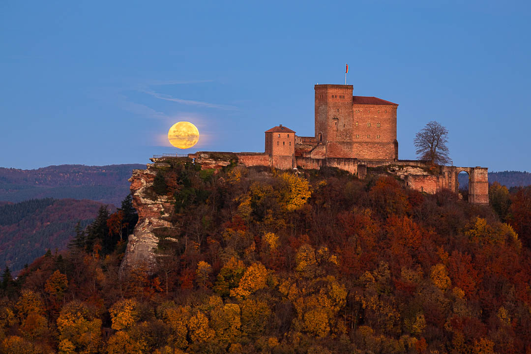 Vollmond über der Burg Trifels. Roter Vollmond verzerrt durch die Luftbewegungen zarte Wolkenschlieren, rechts noch der Kletterfelsen Asselstein