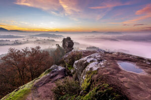 Geiersteine, Nebel, Herbst, Sonnenaufgang, Morgenrot