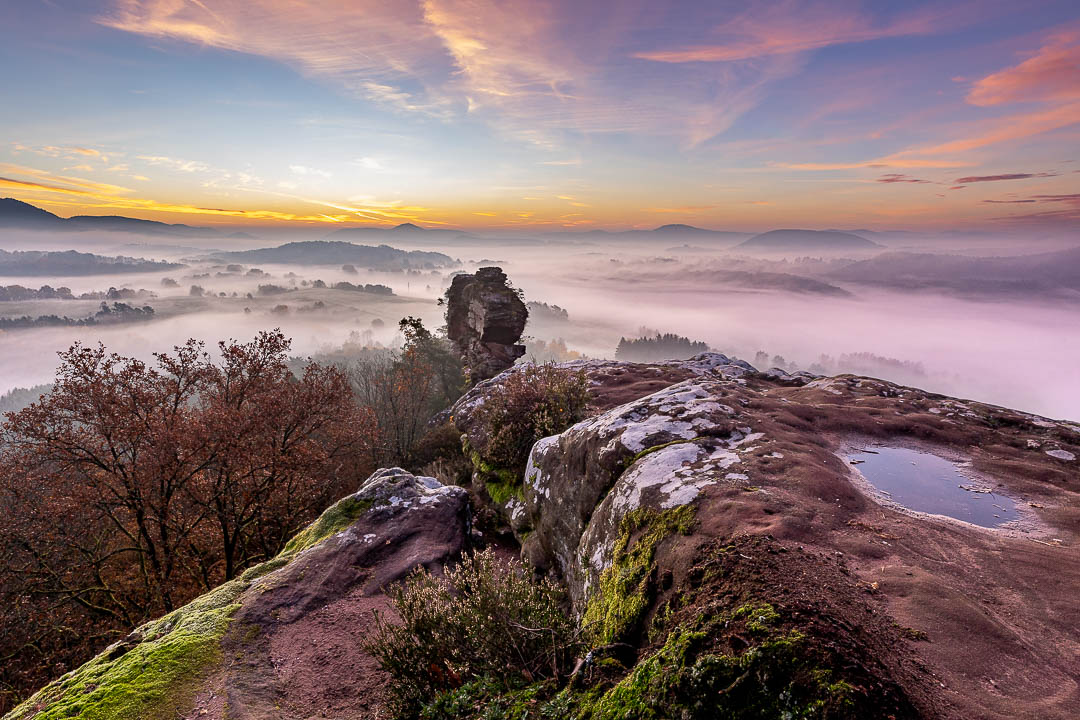 Geiersteine, Nebel, Herbst, Sonnenaufgang, Morgenrot