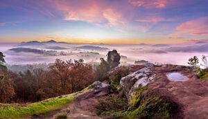 Geiersteine, Nebel, Herbst, Sonnenaufgang, Morgenrot, Panorama